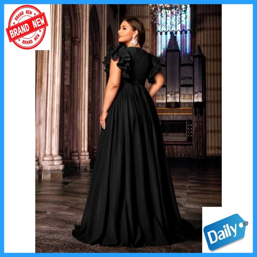 Chiffon Maxi Dress Elegant Formal Evening Party Gown V Neck Ruffle Sleeve - Picture 2 of 7